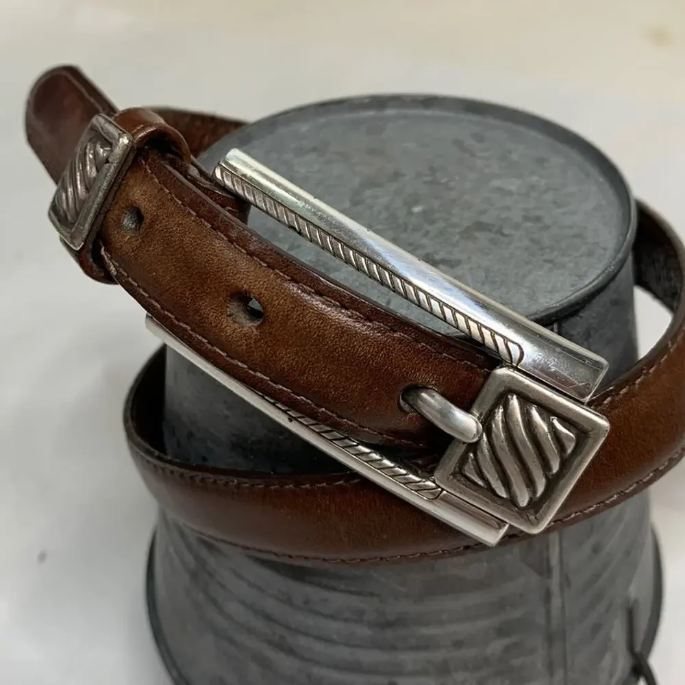 Brighton Women’s Brown Leather Silver Buckle Embellished Skinny Belt Sz 30